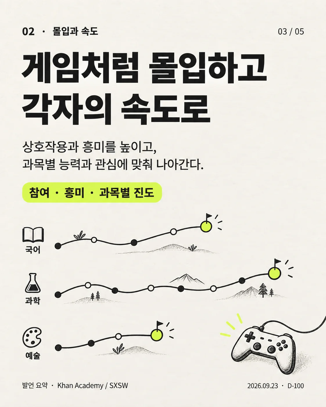 카드뉴스 03 / 05 — 게임처럼 몰입하고 각자의 속도로